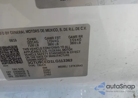 2020 GMC Sierra 1500 4Wd Short Box Elevation from USA, damaged, VIN 3GTU9CED1LG113363